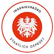 Ein rot-weißes, rundes Zertifikat mit dem Schriftzug "Ingenieurbüro staatlich geprüft", in dessen Mitte sich das österreichische Wappen befindet.