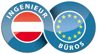 Eine blaue liegende Acht mit dem Schriftzug "Ingenieur Büros" in deren Mitte sich die Österreich-Flagge und die Europa-Sterne befinden.