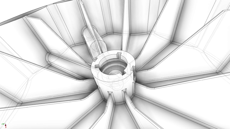Eine Grafik in Schwarz-Weiß auf welchem ein Ausschnitt einer Turbine zu sehen ist.