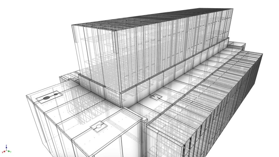 Eine schwarz-weiße Grafik eines Gebäudes in 3-D.