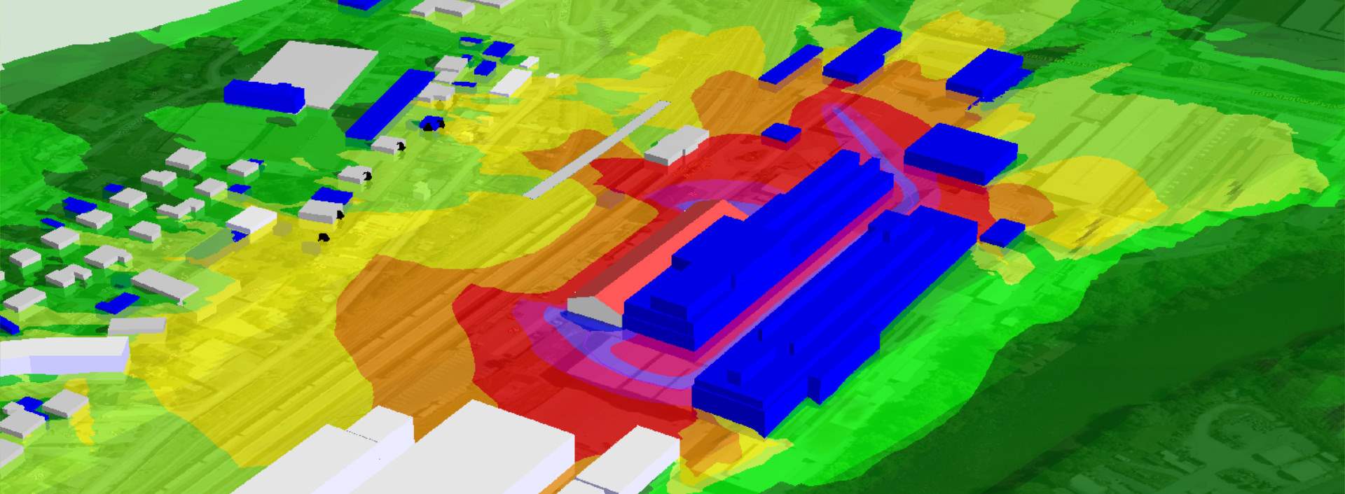 Eine farbliche Darstellung eines 3-D Gebäudeplans anhand welcher die Ausbreitung der Schallwellen visuell ersichtlich wird. 